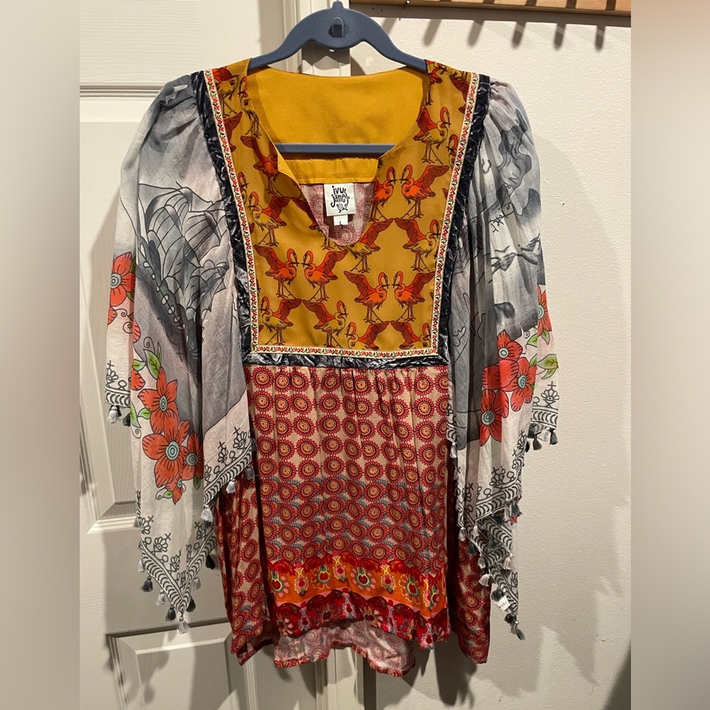 ivy jane Mustard & Red Boho Floral Bird Tunic with Gray Panels